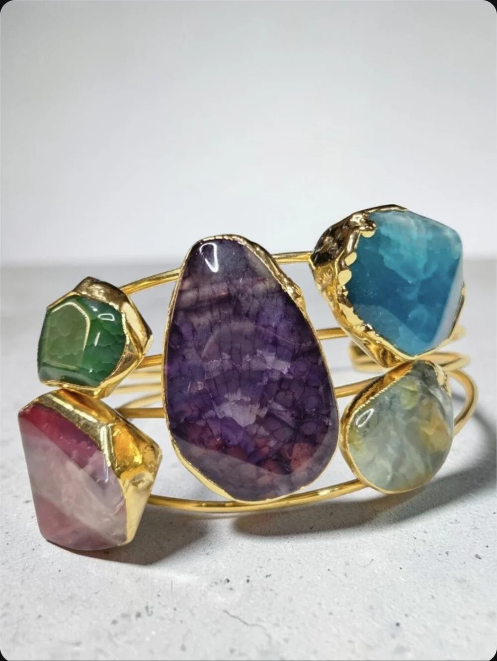 18k Gold Plated Chunky Artisan Agate Natural Stone Multi Color Cuff Bracelet